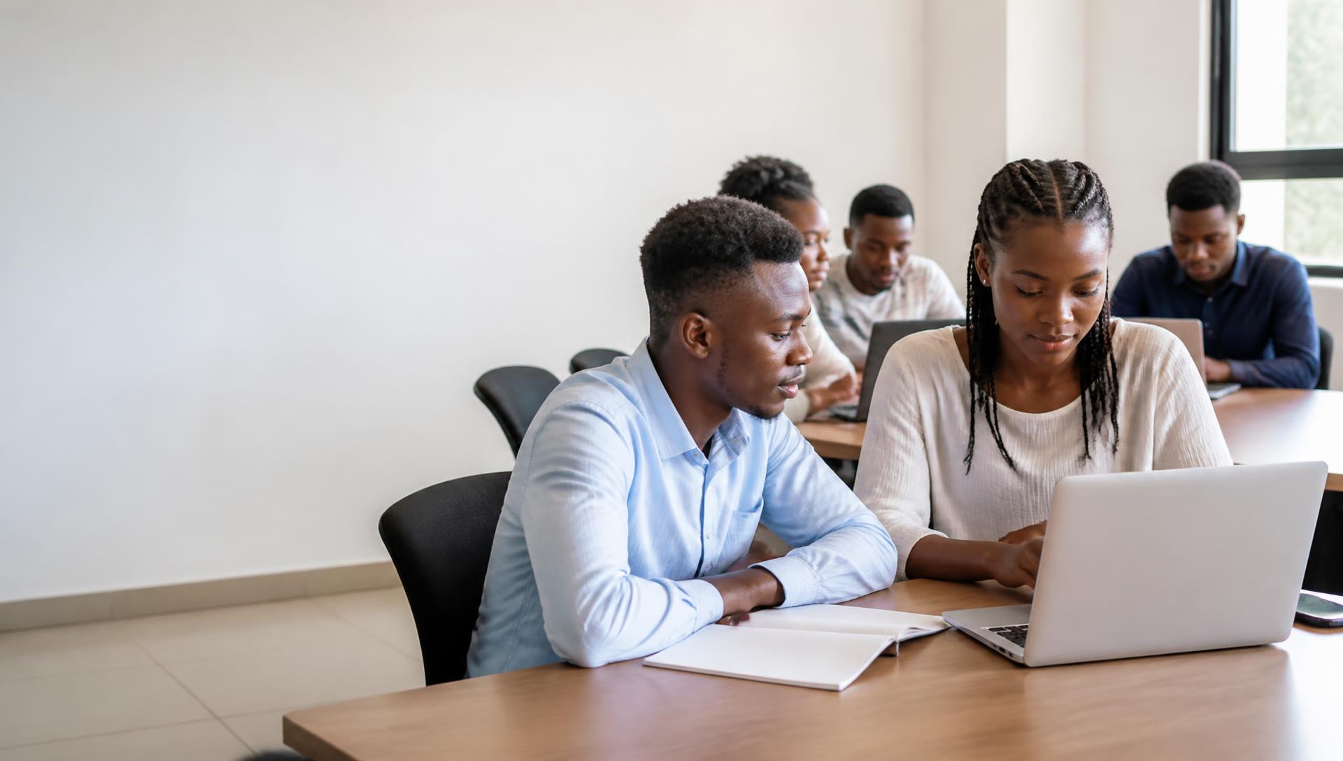 Jeunes Congolais en formation autour d'ordinateurs portables